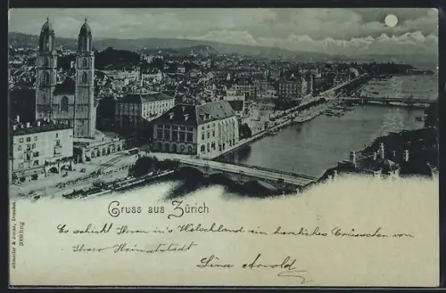 Mondschein-AK Zürich, Teilansicht mit Kirche und Brücke