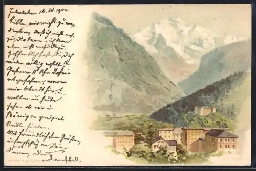 Lithographie Interlaken, Ortspartie mit Bergen