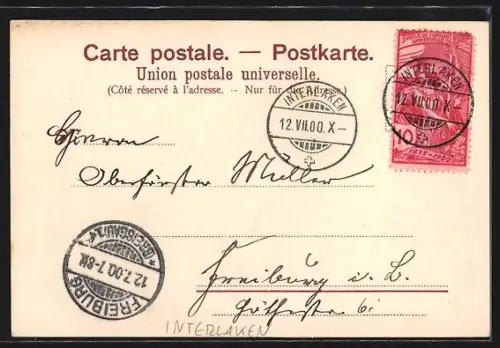 Lithographie Interlaken, Ortspartie mit Bergen