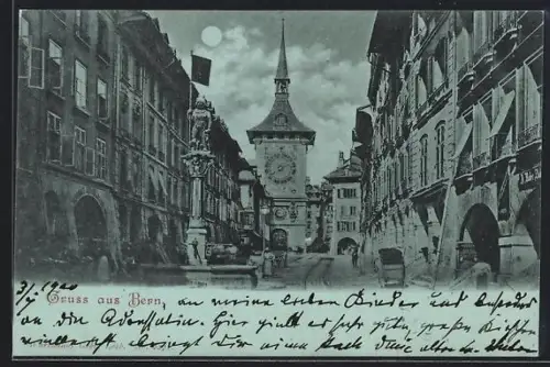 Mondschein-AK Bern, Strassenpartie mit Brunnen