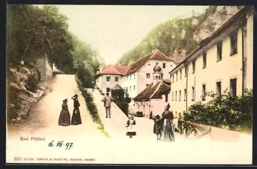 AK Bad Pfäfers, Ortspartie mit Passanten