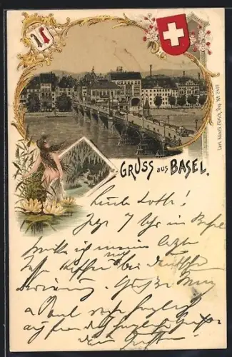Lithographie Basel, Ortspartie mit Brücke