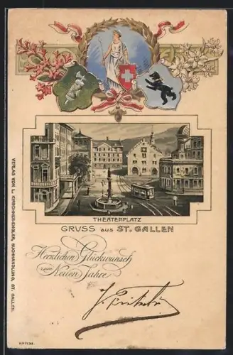 Präge-AK Sankt Gallen, Theaterplatz mit Strassenbahn, Wappen