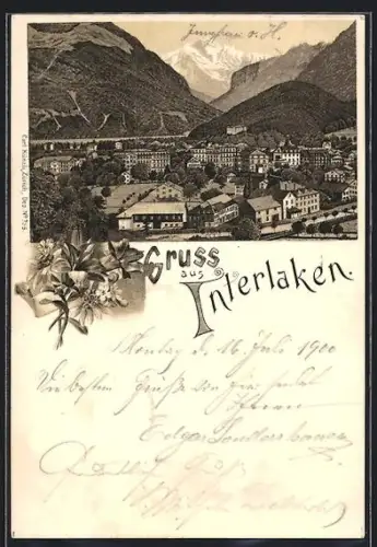 Lithographie Interlaken, Teilansicht gegen die Jungfrau