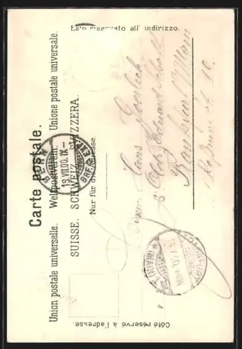 Lithographie Interlaken, Teilansicht gegen die Jungfrau