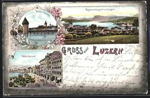Lithographie Luzern, Hotel Central, Kappelbrücke und Gesamtansicht