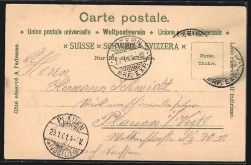 Lithographie Luzern, Hotel Central, Kappelbrücke und Gesamtansicht