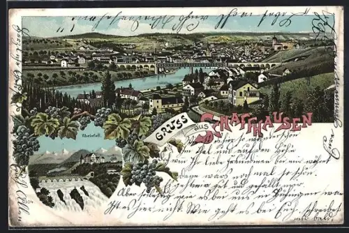 Lithographie Schaffhausen, Rheinfall, Panorama mit Brücke