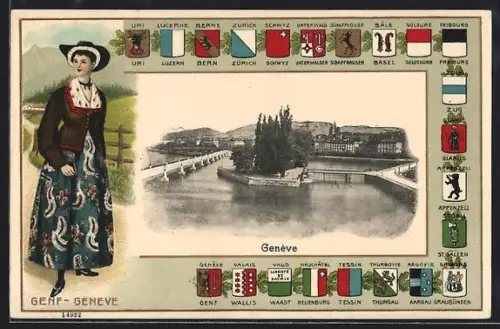 AK Genève, Ortsansicht, Frau in Tracht, Wappen der Kantone