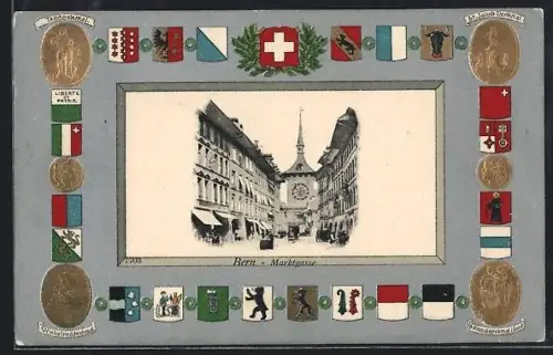 Präge-AK Bern, Marktgasse im Passepartout-Rahmen, Wappen der Kantone