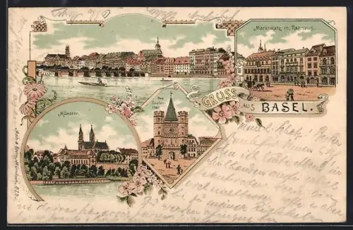 Lithographie Basel, Marktplatz mit Rathaus, Münster, Das Spatentor