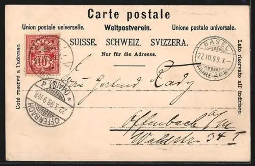 Lithographie Basel, Marktplatz mit Rathaus, Münster, Das Spatentor