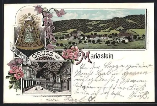 Lithographie Mariastein, Unterirdische Gnadenkapelle, Heiligenbild, Panorama