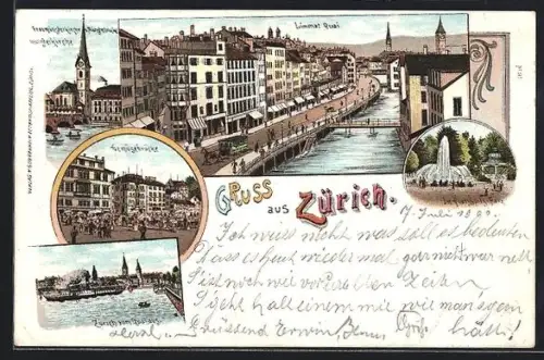 Lithographie Zürich, Limmat Quai, Fraumünsterkirche und Münsterbrücke, Fontäne im Platzspitz-Park, Gemüsebrücke