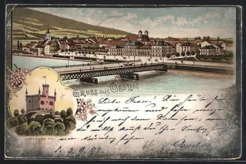 Lithographie Olten, Wartburg Säli, Teilansicht mit Brücke