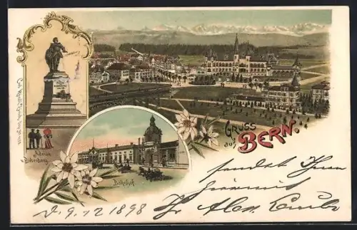 Lithographie Bern, Bahnhof, Adrian von Bubenberg Denkmal