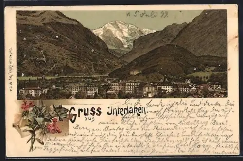 Lithographie Interlaken, Totalansicht aus der Vogelschau