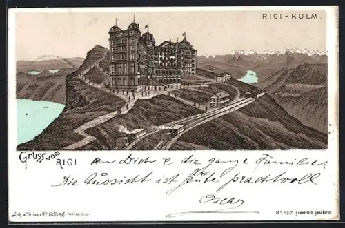 Lithographie Rigi-kulm, Bergbahn am Kurhaus