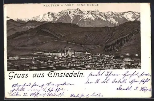 Lithographie Einsiedeln, Kloster und Ort aus der Vogelschau