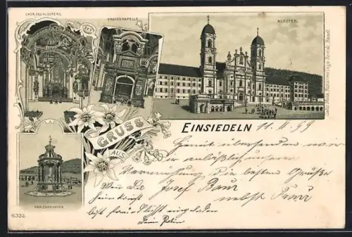 Lithographie Einsiedeln, Gnadenkapelle, Chor des Klosters, Marienbrunnen, Kloster