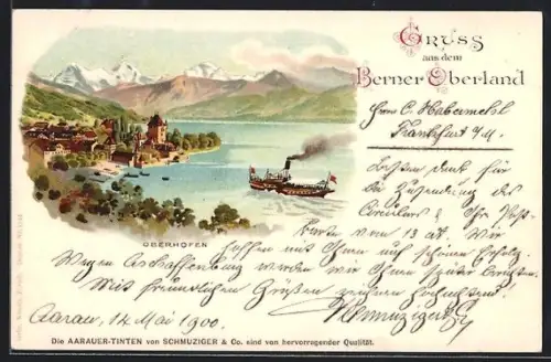 Lithographie Oberhofen /Berner Oberland, Ortsansicht und Gipfelpanorama, Dampfer auf dem Weg zur Anlegestelle