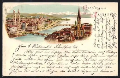 Lithographie Zürich, Ortsansicht aus der Vogelschau