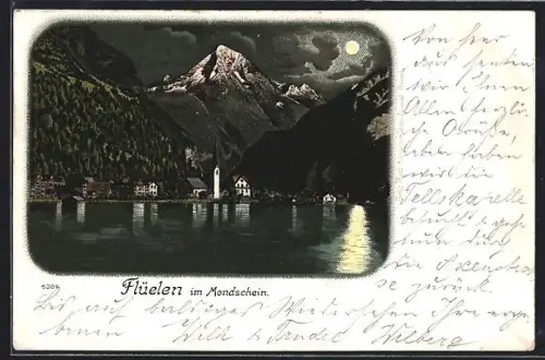Lithographie Flüelen, Panorama im Mondschein