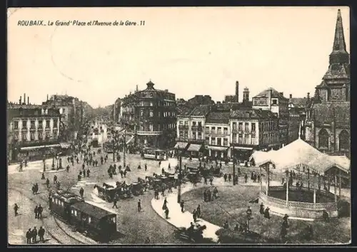 AK Roubaix, La Grand Place et l`Avenue de la Gare, Strassenbahn