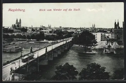 AK Magdeburg, Blick vom Werder auf die Stadt, Strassenbahn