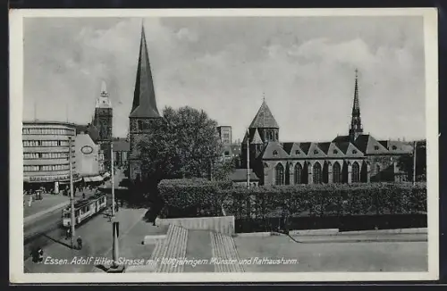 AK Essen / Ruhr, Strasse, Münster, Rathausturm