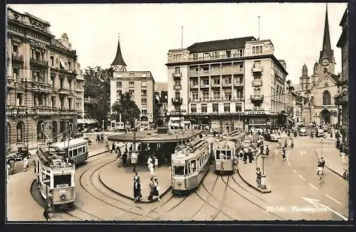 AK Zürich, Strassenbahnen auf dem Paradeplatz