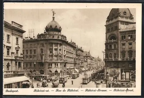 AK Budapest, Rue de Rákóczi, Strassenbahn