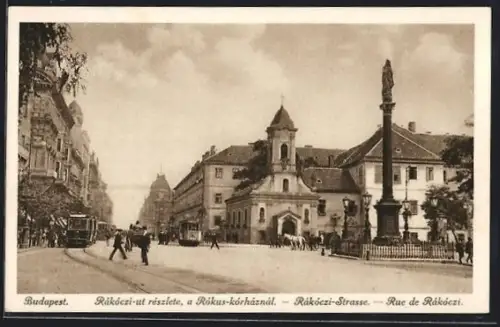 AK Budapest, Rue de Rákókczi, Strassenbahn