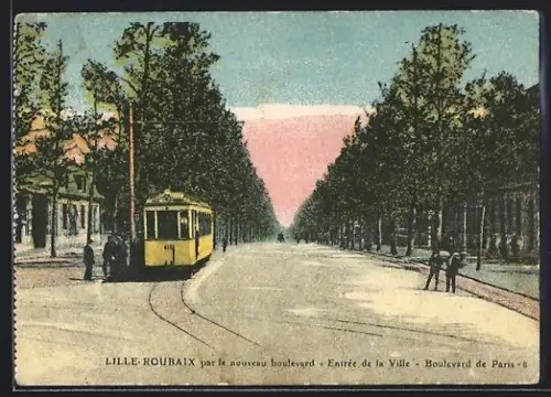 AK Lille-Roubaix, Entrèe de la Ville-Boulevard de Paris, Strassenbahn