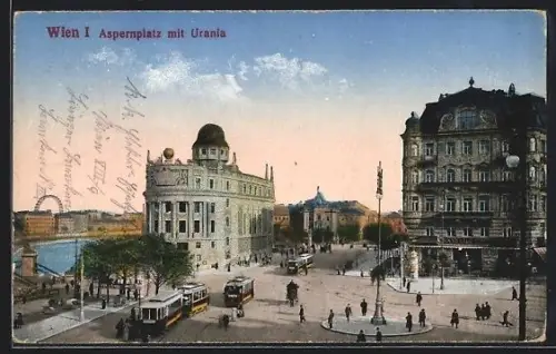 AK Wien I., Aspernplatz mit Urania und Strassenbahnen