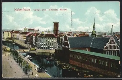 AK Kopenhagen, Ortsansicht über Holmens Kanal, Strassenbahn