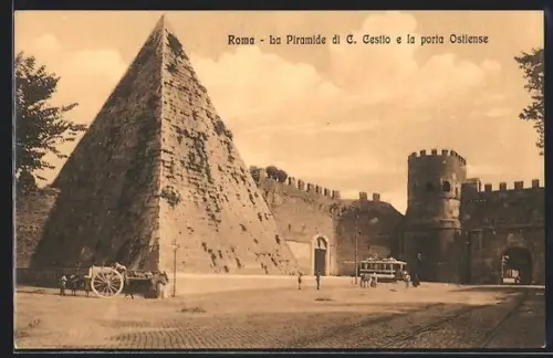 AK Roma, La Piramide di C. Cestio e la porta Ostiense, Strassenbahn