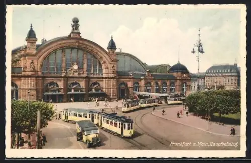AK Frankfurt a. Main, Hauptbahnhof mit Grünanlagen und Strassenbahnen