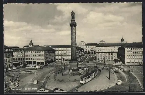 AK Darmstadt, Partie am Luisenplatz mit Strassenbahn