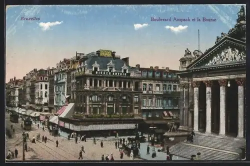 AK Bruxelles, Boulevard Anspach et la Bourse, Strassenbahn