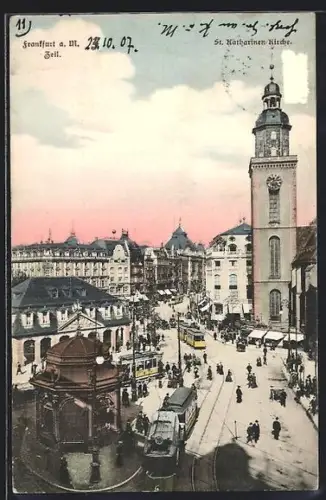 AK Frankfurt a. M, Partie mit Strassenbahn und St. Katharinen-Kirche