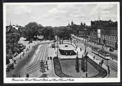 AK Hannover, Platz mit Eiche und Strassenbahn