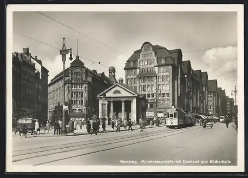 AK Hamburg, Partie an der Mönckebergstrasse mit Denkmal, Bücherhalle und Strassenbahn