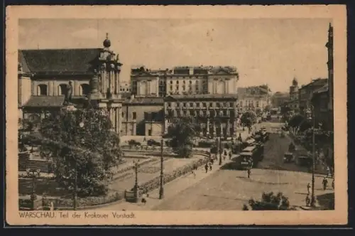 AK Warschau, Teil d. Krakauervorstadt mit Strassenbahn