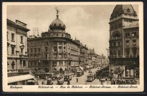 AK Budapest, Rue de Rákóczi, Strassenbahnen