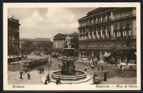 AK Budapest, Place de Calvin, Strassenbahn