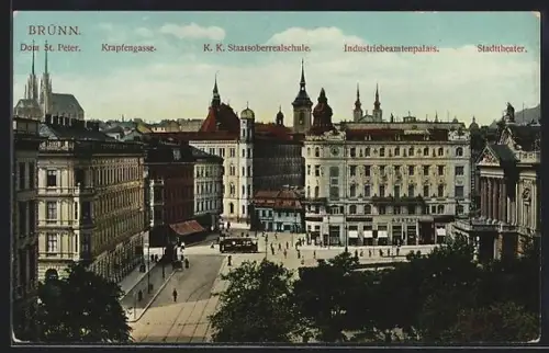 AK Brünn / Brno, Krapfengasse mit K. K. Staatsoberrealschule und Industriebeamtenpalais, Strassenbahn