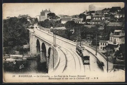 AK Marseille, La Corniche, Le Pont de la Fausse-Monnaie, Strassenbahn