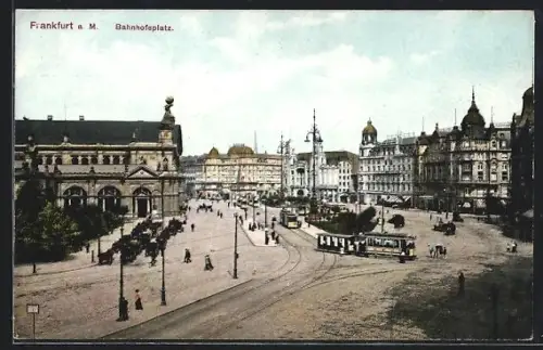 AK Frankfurt a. M., Partie am Bahnhofsplatz mit Strassenbahnen