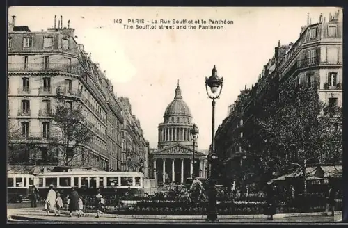 AK Paris, La Rue Soufflot et le Panthéon, Strassenbahn